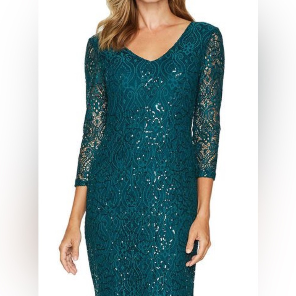 Women’s Formal Dress Blu Sage Green Long Sleeve Lace Sequin Gown Size 8 NWT - Picture 5 of 8